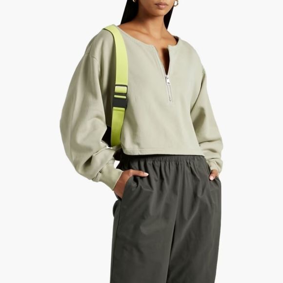 Good American Tops - Good American sage green cropped cotton fleece zipper front sweatshirt top